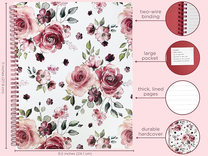 Steel Mill & Co Cute Large Spiral Notebook College Ruled, 11" x 9.5" with Durable Hardcover and 160 Lined Pages, Rose Floral