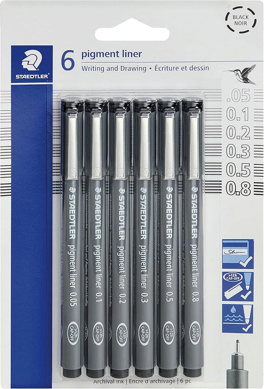 STAEDTLER Pigment Liner Pack, Black, 6 Pens, Assorted Line Widths, 0.05mm, 0.1mm, 0.2mm, 0.3mm, 0.5mm, 0.8mm