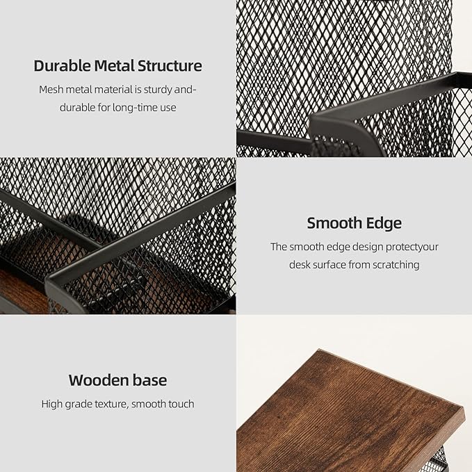 Antique Wood & Mesh Pen Holder Office Supplies Caddy, Storage Baskets for Desktop Accessorieswith Sticky Notes Holder,3 Compartments(2 Pack Black)