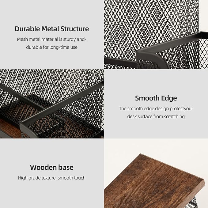 Antique Wood & Mesh Pen Holder Office Supplies Caddy, Storage Baskets for Desktop Accessorieswith Sticky Notes Holder,3 Compartments(2 Pack Black)