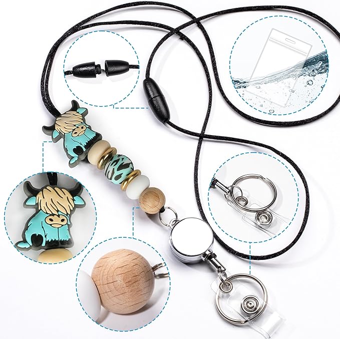 9 in 3 Sets Highland Cow Retractable Lanyard with ID Holder Breakaway Lanyard for Badge Reel Lanyard School Silicone Beaded Lanyard Cute