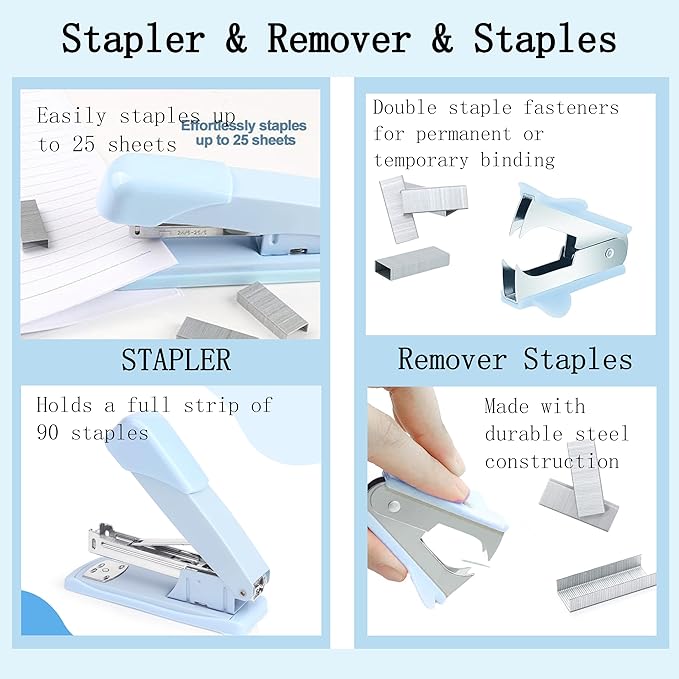 Blue Desk Accessories, Blue Office Supplies 360°Pen Holder Desk Organizers and Accessories with Tape Dispenser, Stapler, Staple Remover, 1000 Staples, Tape, Clips Set, Ruler, Scissor, Pen