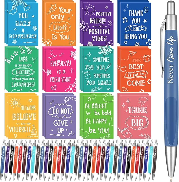 Yeaqee 72 Pcs Motivational Pens Notepads Gifts Set Inspirational Quote Ballpoint Pen Small Notebook Mini Journal Bulk Gifts for Teacher Coworker Gifts Women Office School(Uplifting)