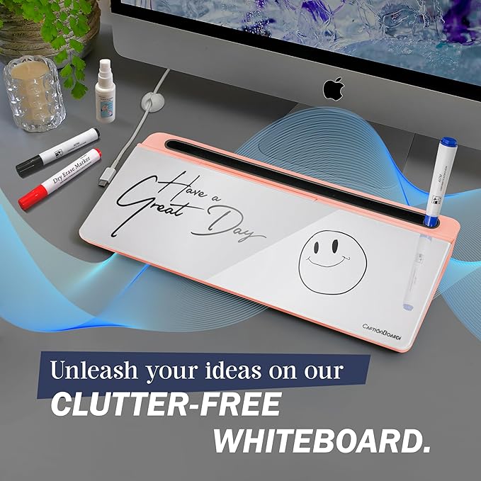 15-Inch Desktop Whiteboard - Glass Dry Erase Board for Desk Whiteboard with Stand with 3 Markers, Spray Bottle, 3 Cable Holders & Storage Box Work from Home Office Gadgets, Peach