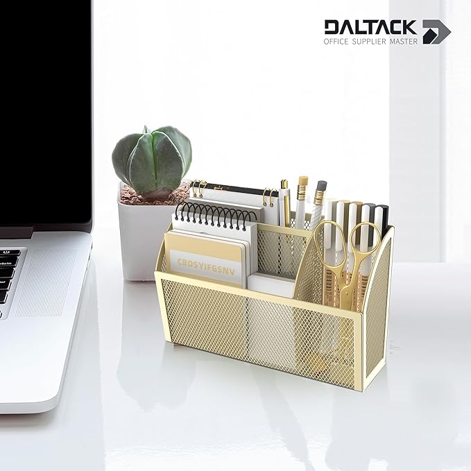 DALTACK Magnetic Pencil Holder Magnetic Shelf for the Whiteboard 3-Grid Mesh Magnetic Pen Holder for Refrigerator Magnetic Organizer Locker Accessories Organizer for Office, Golden Yellow