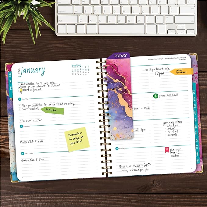 HARDCOVER 2025 Planner, 8.5"x11": 14 Months (November 2024 - December 2025), Daily Weekly Monthly Planner, Yearly Agenda, Bookmark, Pocket Folder and Sticky Note Set (Rainbow Gold Marble)