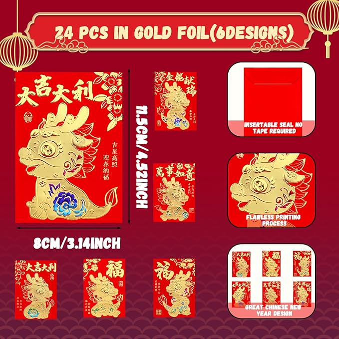 48 Pcs Chinese Red Envelopes 2024 Lucky Money Envelopes Hong Bao Red Pocket Envelope for Money Year of the Dragon 2024 Gifts for Spring Festival Wedding Birthday