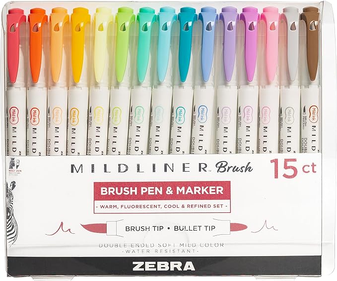 Zebra Pen Mildliner Brush Marker, Double Ended Brush and Fine Tip Pen, Assorted Soft Colors, 15 Count (Pack of 1)