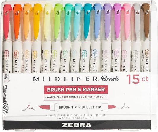 Zebra Pen Mildliner Brush Marker, Double Ended Brush and Fine Tip Pen, Assorted Soft Colors, 15 Count (Pack of 1)