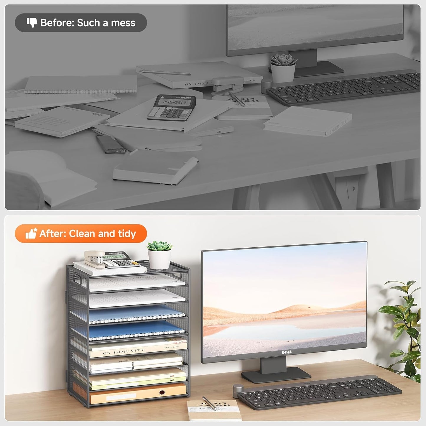 SUBEKYU 9 Tier Paper Organizer for Desk - Gray Metal Mesh Letter Tray File Paper Sorter Organizer Include 6 Pcs Adjustable Height Slid Tray with Handles for Office School Home Organization Storage