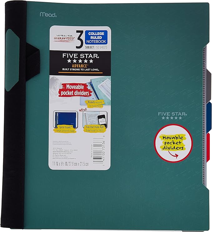 Five Star Advance Spiral Notebook + Study App, 3 Subject, College Ruled Paper, 11" x 8-1/2", 150 Sheets, With Spiral Guard and Movable Dividers, Seaglass Green, 1 Count (73136)