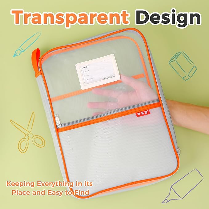 Pendancy Mesh Zipper Pouch 14.8x10.8 in Transparent Lightweight Nylon File Folders, A4 Size Multi-Layer Subject Document Organizer Accessories Storage Bag for Office and School Supplies(Orange)