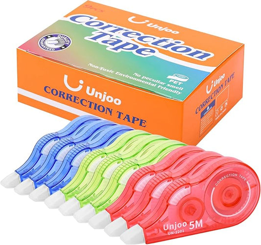 White Correction Tape, Easy To Use Applicator for Instant Corrections Wrong Writing At Any Time, For school, Office (9-pack, 5M/196" x 0.2"in, Red, Green, Blue)
