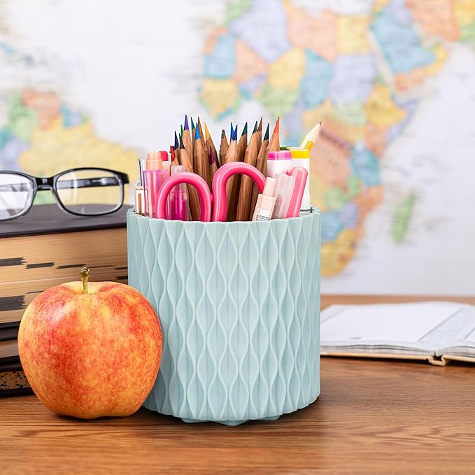 Pencil Holder For Desk - 360° Rotation, 5 Slot Desk Supplies For Women Office Aesthetic. Pen Holder For Office&School, Desk Accessories(Blue)