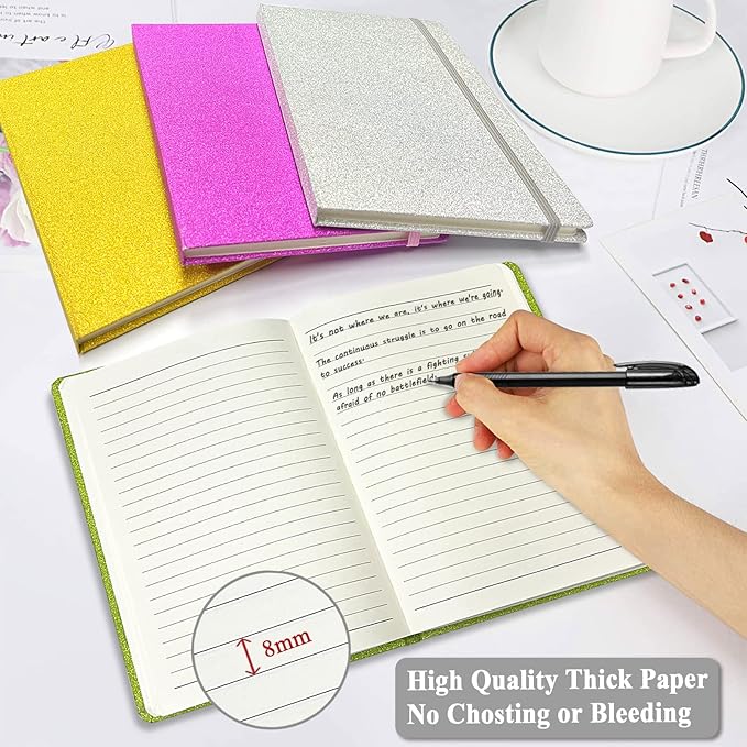 Silver Glitter Notebook, 8.3x5.7” 160 Lined Pages Glitter Never Peel Off Sparkle Journal for Girls College Ruled A5 Hardcover Notebooks for Teens Women Writing Note Taking Office Work School Gifts