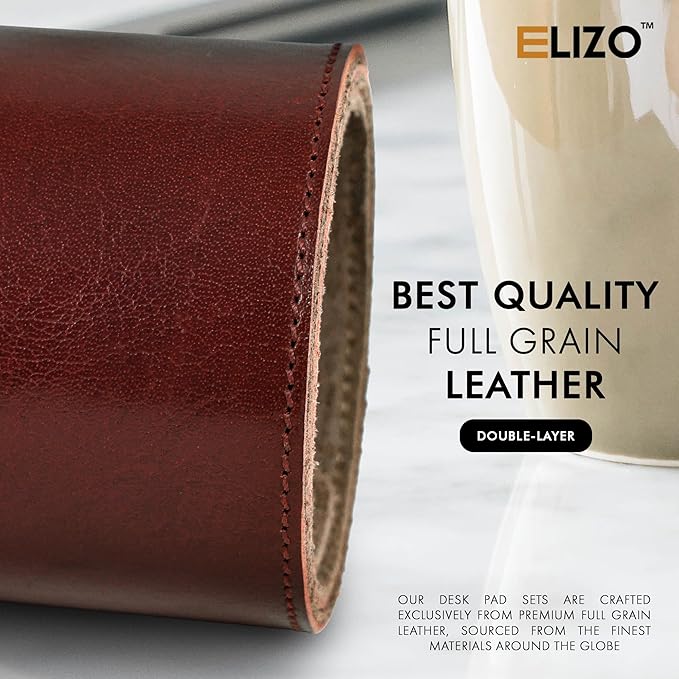 Elizo Leather Desk Mat Desk Pad Blotter Set - Real Full-Grain Leather (32x16) 2-Layer Genuine Desk Cover Protector & Large Mouse Pad | Computer Keyboard Desk Accessories for Office & Home Chestnut