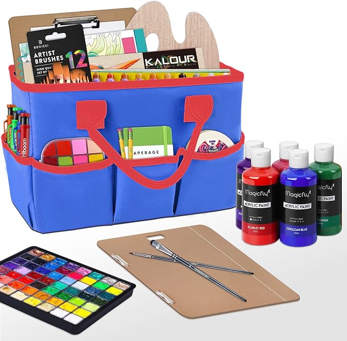 Godery Desktop Tote and Organizer, Teacher Helper Bag for Arts, Books, Stationery, Office Desk, Make-up Storage with Handles for Travel (BLUE)