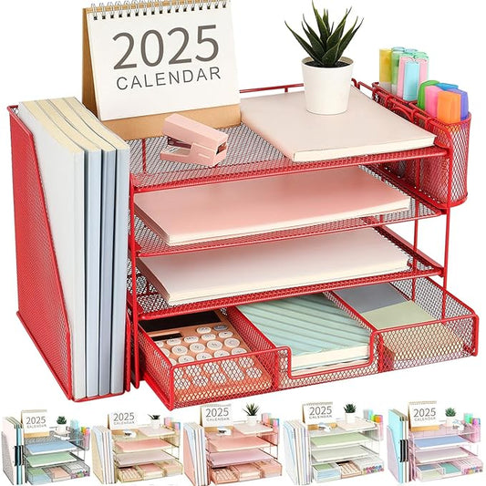 gianotter Paper Letter Tray Organizer with File Holder, 4-Tier Desk Accessories & Workspace Organizers with Drawer and 2 Pen Holder, Desk Organizers and Accessories for Office Supplies (Red)