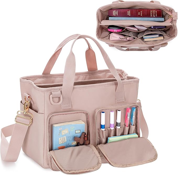 Teamoy Bible Tote Bag for Women, Bible Cover Carrying Case Church Bag with Water Bottle Pocket and Shoulder Strap, Pink Quilted