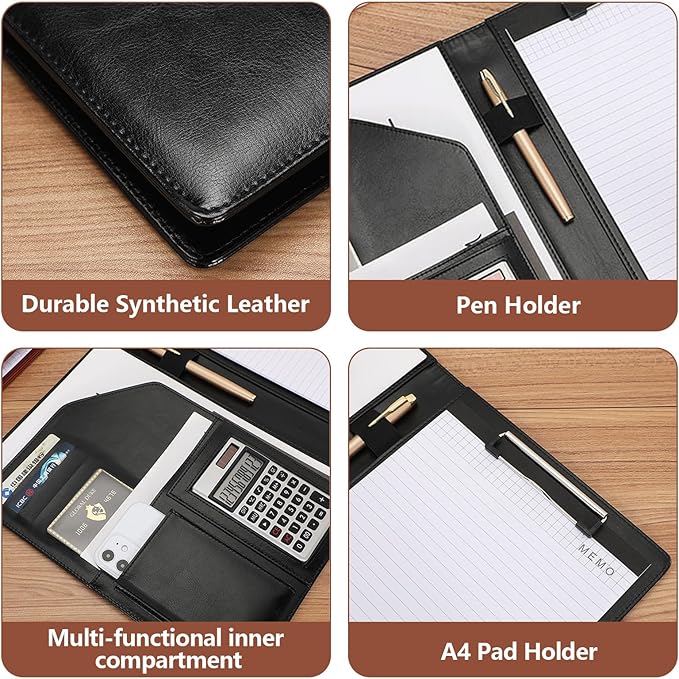 Personalized Padfolio - Customized Leather Portfolio with Logo or Text - Professional Business Portfolio with A4/US Letter Writing Pad Holder for Resumes and Interviews, Black
