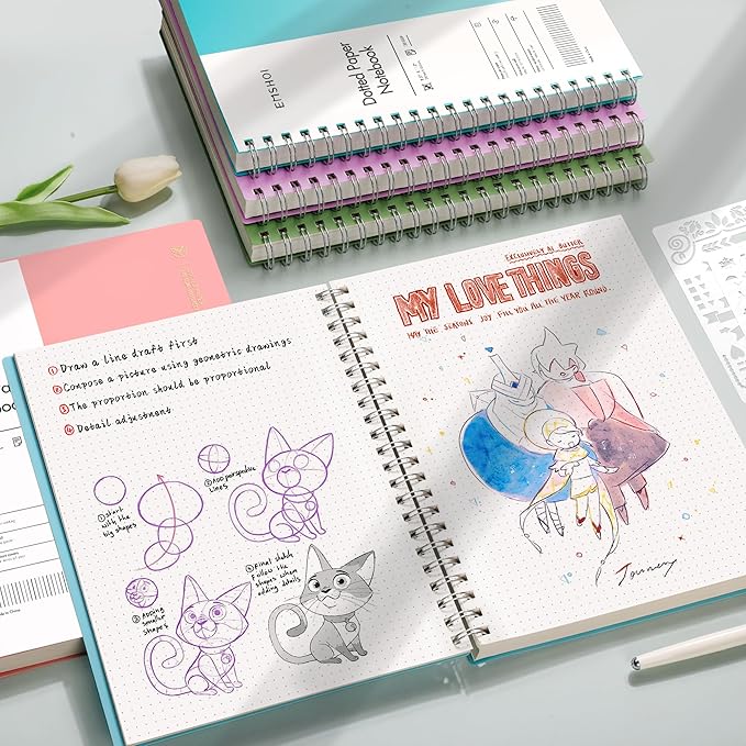 EMSHOI A4 Spiral Notebook Bullet Dotted Journal, 11.2" X 8.27", 300 Pages/150 Sheets, 100gsm Dot Grid Paper, Waterproof Softcover, Twin-Wire Binding, for School Work Writing Note Taking-Blue