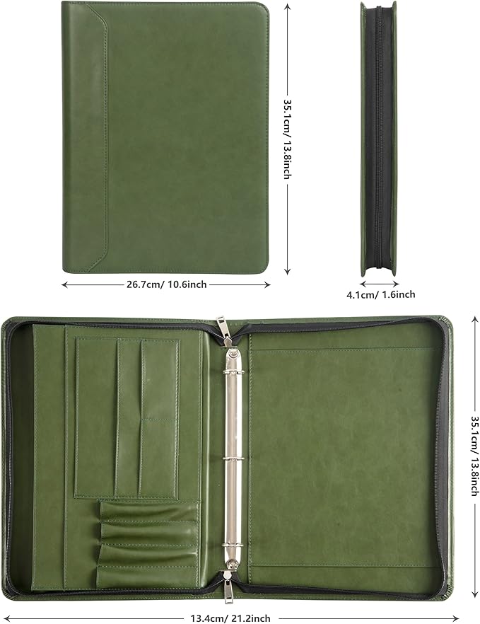 Free Engraved Name, 3 Ring Binder Padfolio, Vegan Leather Portfolio with a4 Clipboard, 3 Ring Padfolio A4 Organizer, Resume Planner, Green, Gift for Men/Women,Customized