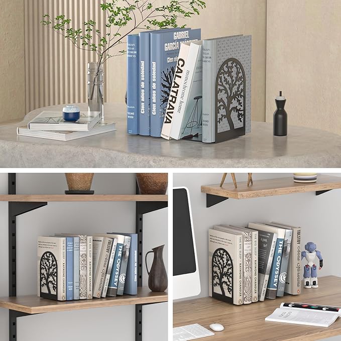 VFINE Decorative Bookends 3 Pairs, Tree Metal Bookends, Unique Black Book Ends to Hold Books, Book Holder for Heavy Books, Home Decorative Book Stoppers for Shelves (6 Pieces)