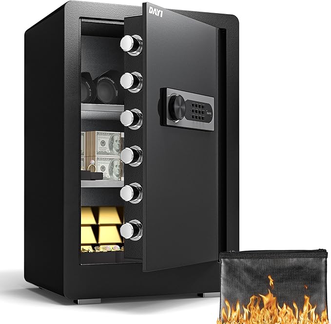 DAYI Safe Box, 3.0 Cubic Feet Home Safes with Fireproof Waterproof Bag, Security Safe for Money Cash Documents, Digital Keypad, Dual Alarm System, Removable Shelf - D-60