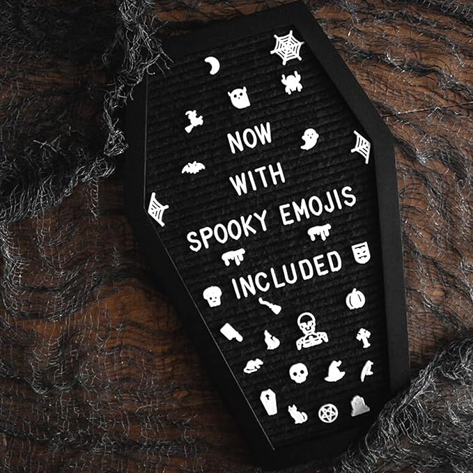 Coffin Letter Board Black With Spooky & Seasonal Emojis +550 Characters, Wooden Stand - 17x10.5 Inches - Coffin Shaped Goth Decor Sign Witchy Halloween Decorations Gothic Decor Birthday Wedding Home Spooky Gifts