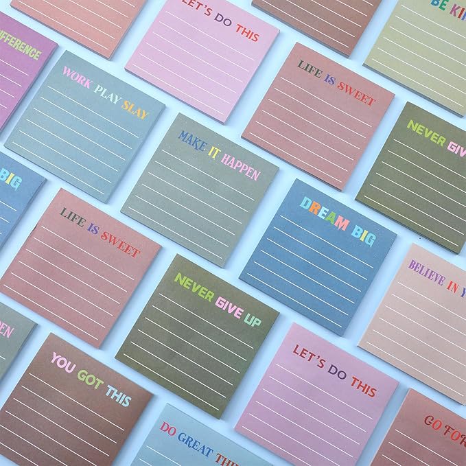Yinder 24 Pcs Inspirational Sticky Notes with Lines Cute Motivational Sticky Notes Pad Employee Appreciation Gifts Bulk for Teacher Nurse Coworkers Office Supplies 3 x 3''(Morandi,Motivational)