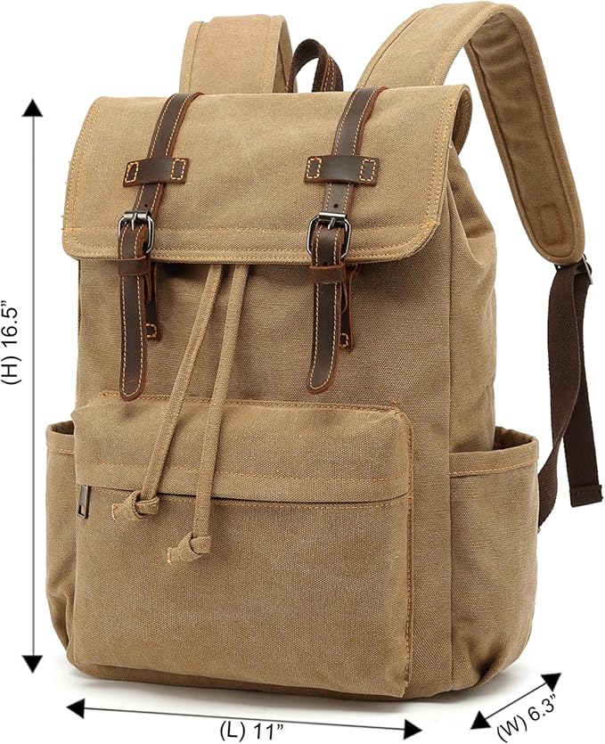 HuaChen Vintage Canvas Backpack, Mens Travel Rucksack for Laptop Hiking Bag (M83_Khaki)