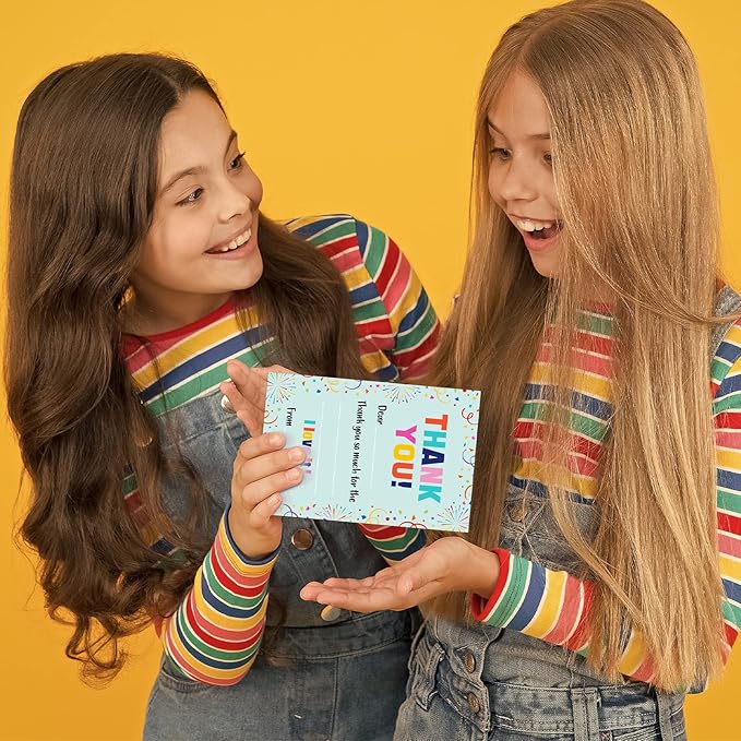 72 Pieces Kids Thank You Cards Fill in the Blank Thank You Notes with Envelopes Colorful Thanks Cards for Birthday Party(Confetti Style)