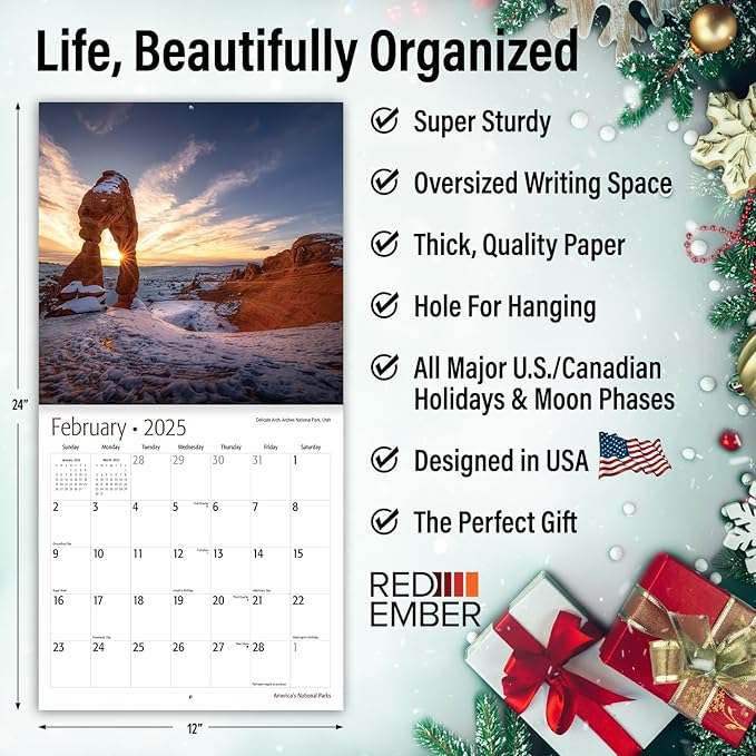 RED EMBER America's National Parks 2025 Wall Calendar 12 Month | 12" x 24" Open | Thick & Sturdy Paper | Giftable | Calendar 2025