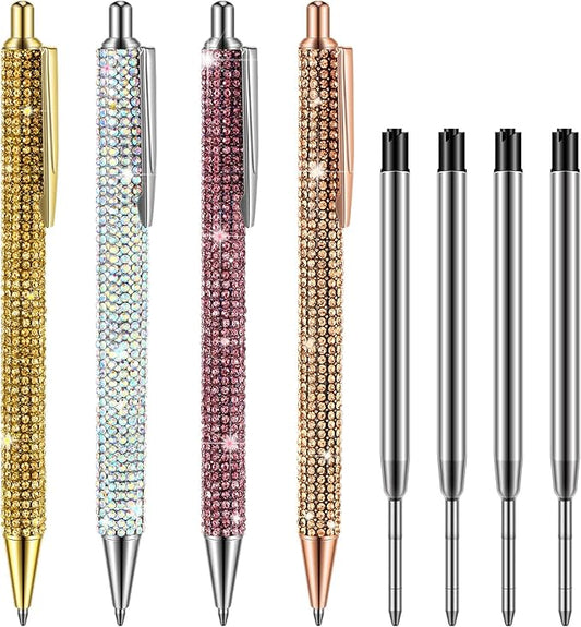 Ireer 4 Pcs Bling Rhinestone Sparkly Pens for Women Diamond Ink Crystal Glitter Metal Ballpoint Bedazzled Fancy Pens 4 Pcs 1.0mm Refills(Gold, Silver, Pink and Rose Gold)
