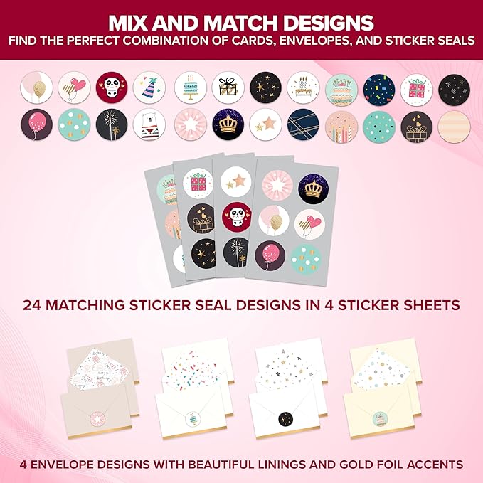 Decorably 24 Pack Foiled and Glittery Assorted 6x4in Box of Birthday Cards with Envelopes and Stickers, 24 Unique Designs Birthday Card Pack with Printed Message Inside