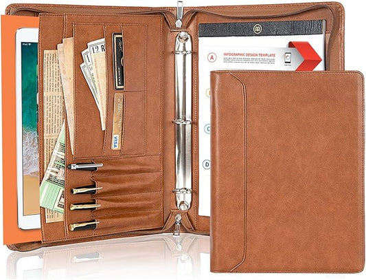 AZXCG Padfolio for Women, 3 Ring Binder Business Portfolio, Vegan Leather Zipper Binder Portfolio Folio, Document Notebook Organizer with A4 Clipboard Folder, Gift for Men, Brown