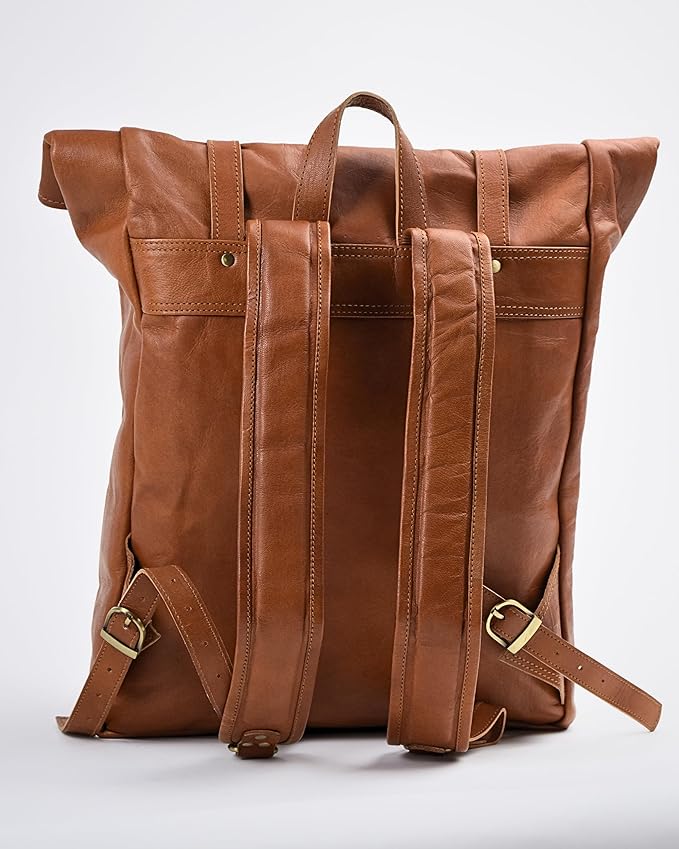 Genuine Leather Backpack for Men - 17.3 Inch Laptop - Designer Roll-top bookbag - Vintage Fashion rucksack back pack for work & travel, X-Large Tan (Brown)