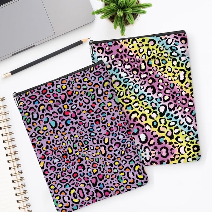 2 Pack Rainbow Leopard Print Book Sleeve, Books Protector，Books Pouch， Book Lovers Gifts，Bookish Gifts Waterproof Cover with Zipper，Leopard Decor Gift Bag for Women Bestie Christmas Thanksgiving
