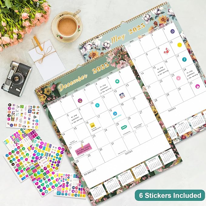 Gannyfer 2025 Wall Calendar, Large Wall Calendar 22"x17", 18 Monthly Hanging Calendar January 2025-June 2026, Yearly Planner Calendars with Plastic Cover, Thick Paper for Home School, or Office, Christmas Gifts for Women-Floral (6 Funny Stickers)