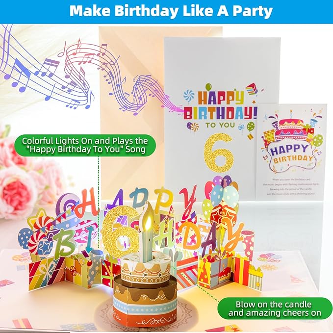 Gumry 6TH Musical Birthday PopUp Card, Blowable Colorful Light Candle 3D Cards with Song, Applause Cheers Sound, Greeting Cards Birthday Gifts Decorations for Daughter Son Turning 6 Years Old