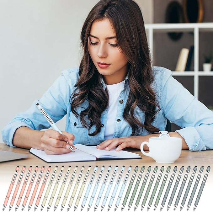 Zonon 38 Pieces Rubberized Ballpoint Pen with Stylus Tip Stylish Metal Pen Capactive Styli Pen with Soft Rubberized Grip, Black Ink Pen for Most Devices (Morandi Colors)