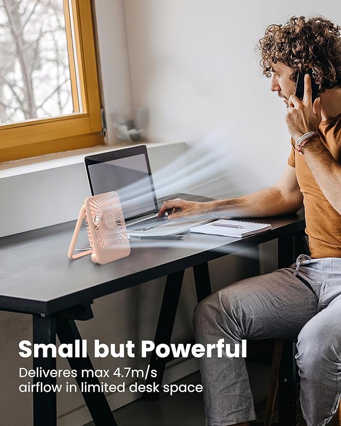 Koonie USB Desk Fan, Strong Wind Ultra Quiet Small Personal Fan with 180° Tilt Folding and 3 Speeds Adjustable, USB-C Corded Powered Mini USB Fan for Office Desktop Bedroom Pink