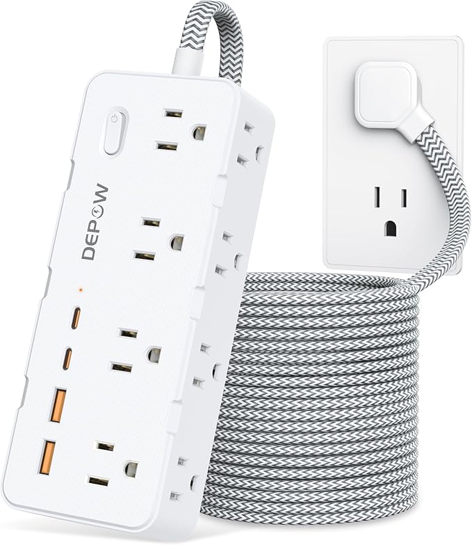 Power Strips with Surge Protection, 10 FT Braided Extension Cord with Multiple Outlets-8 AC Outlets 4 USB Ports (2 USB C), 1700 Joule Surge Protector with Flag Plug for Home Office, White