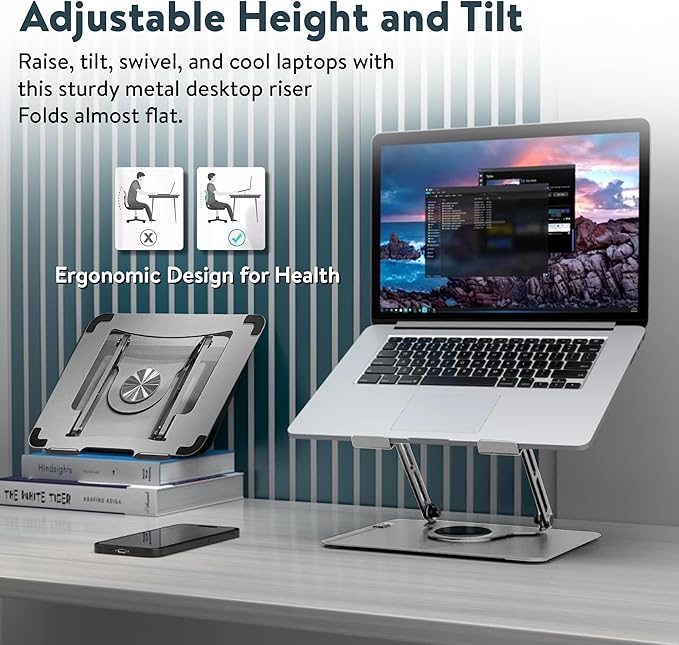 Swivel Laptop Stand for Desk, Adjustable Laptop Stand for Desk w/ 360° Rotation, Raise Tilt Cools Laptop with This Ergonomic Laptop Stand Riser, Collapsible iPad Computer Laptop Stand (Grey)