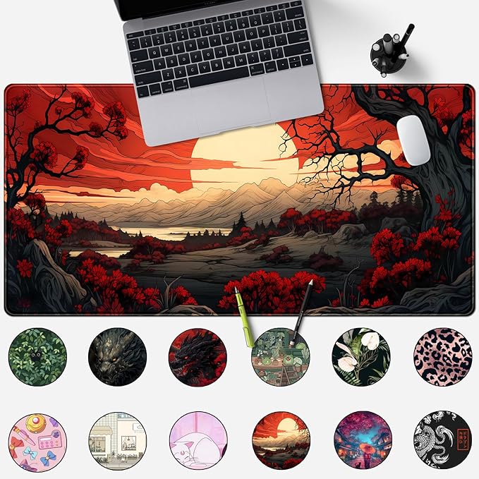 Red and Black Mouse Pad Japanese Mouse Pad XL Black Anime Big Mouse Pads for Desk Large Gaming Large Mouse Pad for Men Desk Pad with Stitched Edges Non-Slip Large Computer Mat, 31.5x15.7 in.