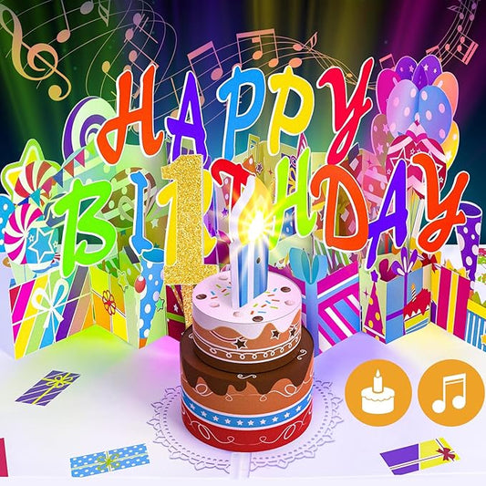Gumry 1ST Musical Birthday PopUp Card, Blowable Colorful Light Candle 3D Cards with Song, Applause Cheers Sound, Greeting Cards Birthday Gifts Decorations for Daughter Son Turning 1 Years Old