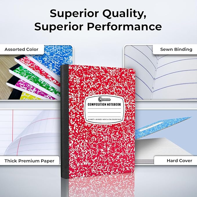 5 Pack Composition Notebooks College Ruled, 200 No Bleed Pages (100 Sheets) 9-3/4x7-1/2 Notebooks for Work, Back to School Supplies for College Students, Notebooks for Women, Colors May Repeat