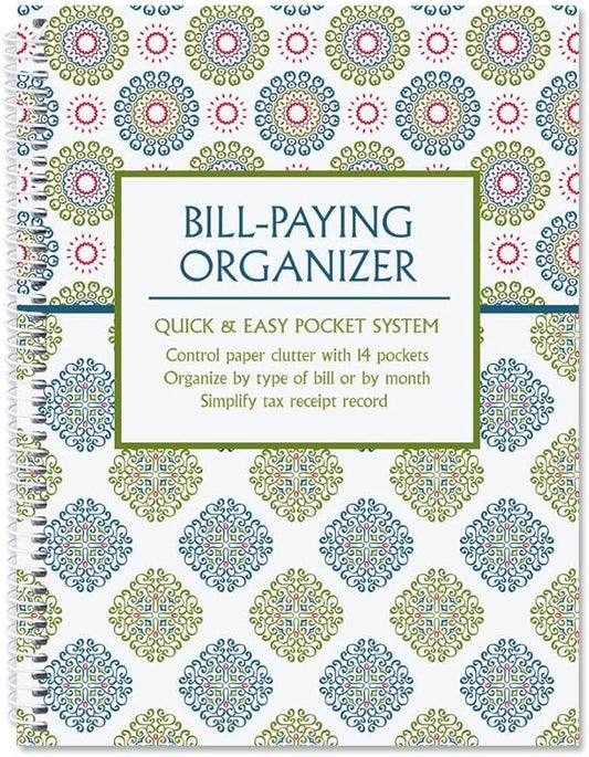 Fresh Patterns Bill Paying Organizer Book - Personal Account book, 9" by 12 inch, Spiral-Bound, 14 Pockets, 32 Label Stickers, Bill Tracking