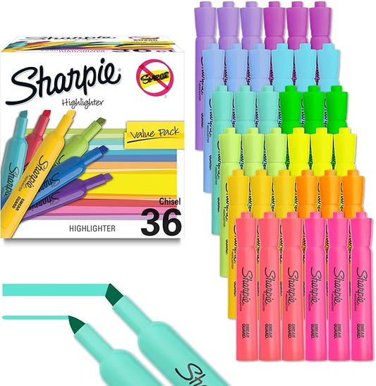 Sharpie Tank Style Bulk Highlighters, Chisel Tip Highlighter Marker Set, Journal Highlighters, Office And Teacher Supplies, Fluorescent And Pastel Highlighters, 12 Assorted Fashion Colors, 36 Count
