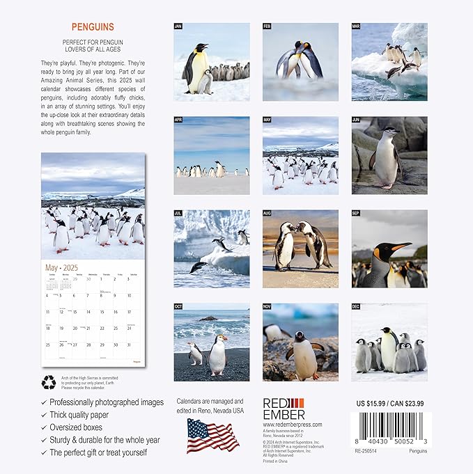 RED EMBER Penguins 2025 Wall Calendar 12 Month | 12" x 24" Open | Thick & Sturdy Paper | Giftable | Calendar 2025